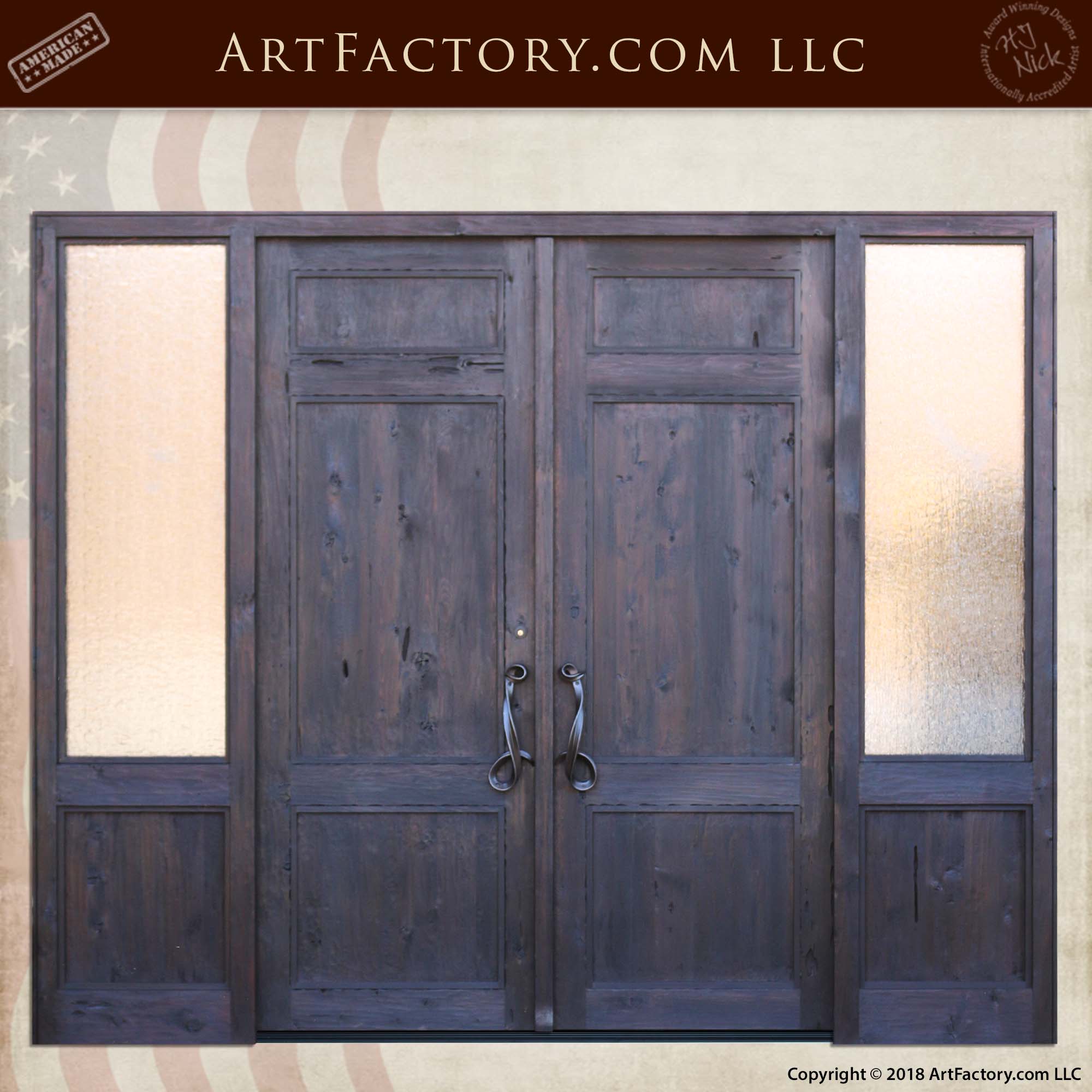Custom Wood Double Doors Handmade With Textured Glass Sidelights