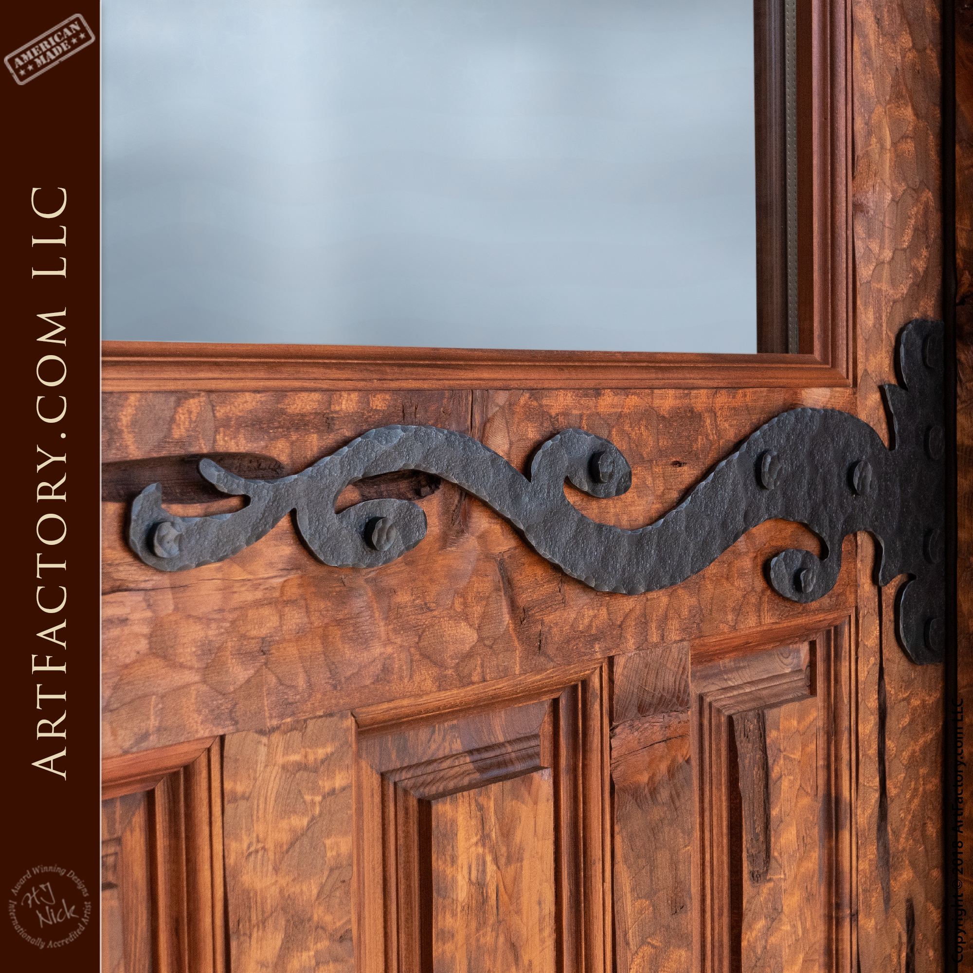 Flowing Chiseled Iron Straps: Handmade Wrought Iron Ornamental Hinge