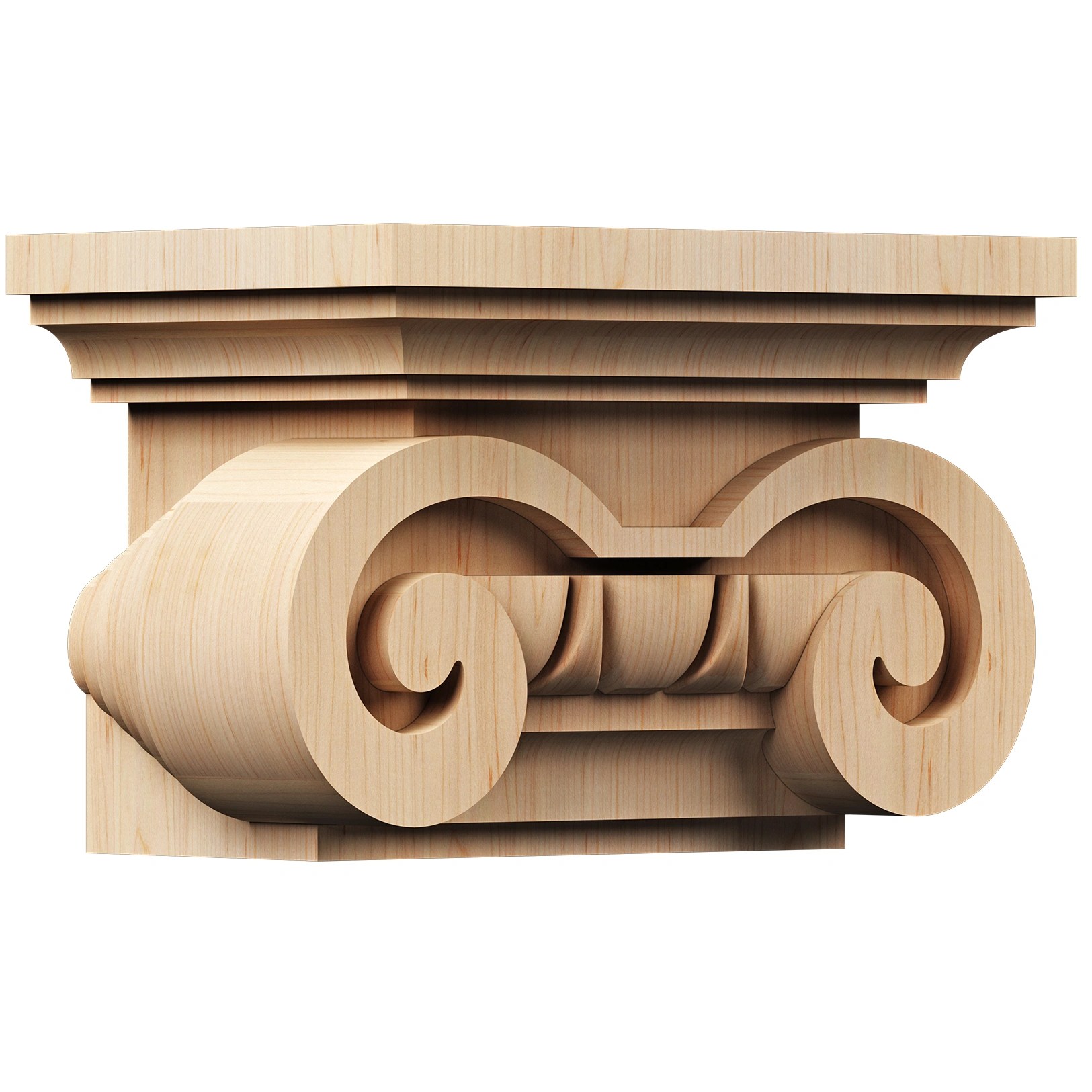 Solid wood Ionic capital, possibly white oak, featuring large, smooth volutes on either side and a central series of carved ogee or bead shapes, beneath a stepped top molding