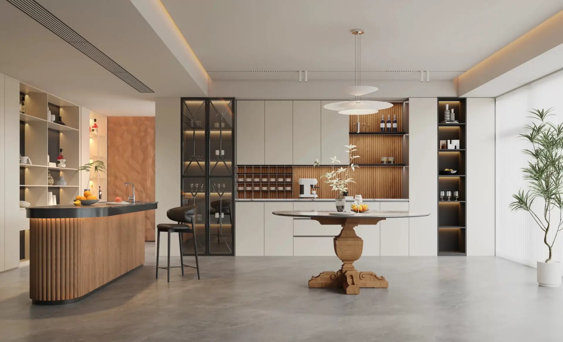 Modern luxury kitchen interior featuring ART FOR EVERYDAY INC. flexible tambour wood panels, decorative mullion cabinet inserts, custom wood pedestal island base, and textured architectural wood panels.