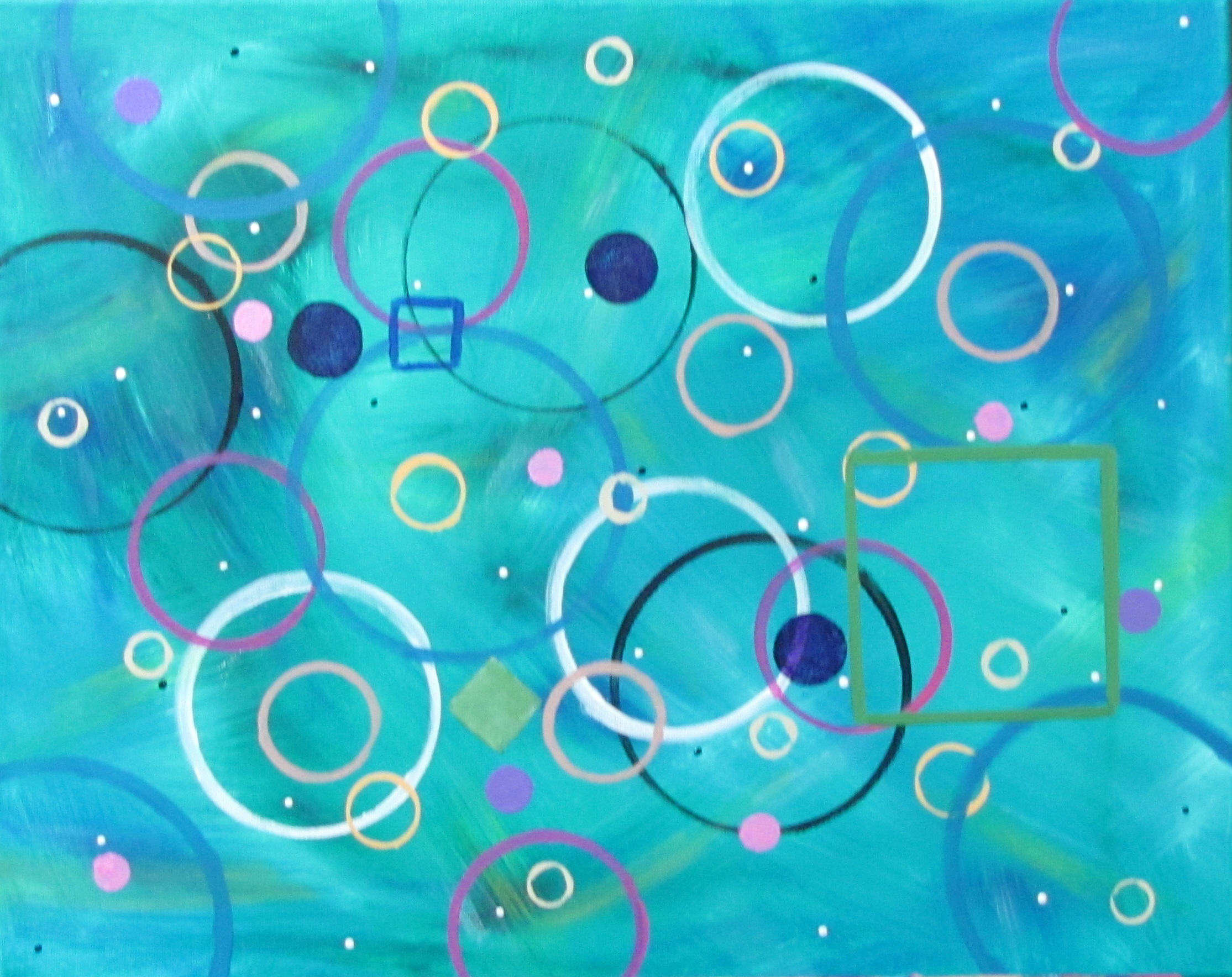 Multi-colored geometric shapes on a predominantly teal and turquoise abstract background.
