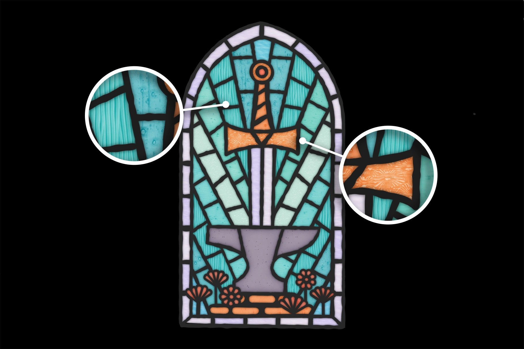 stained glass window design showing a sword in an anvil. Made in Procreate app