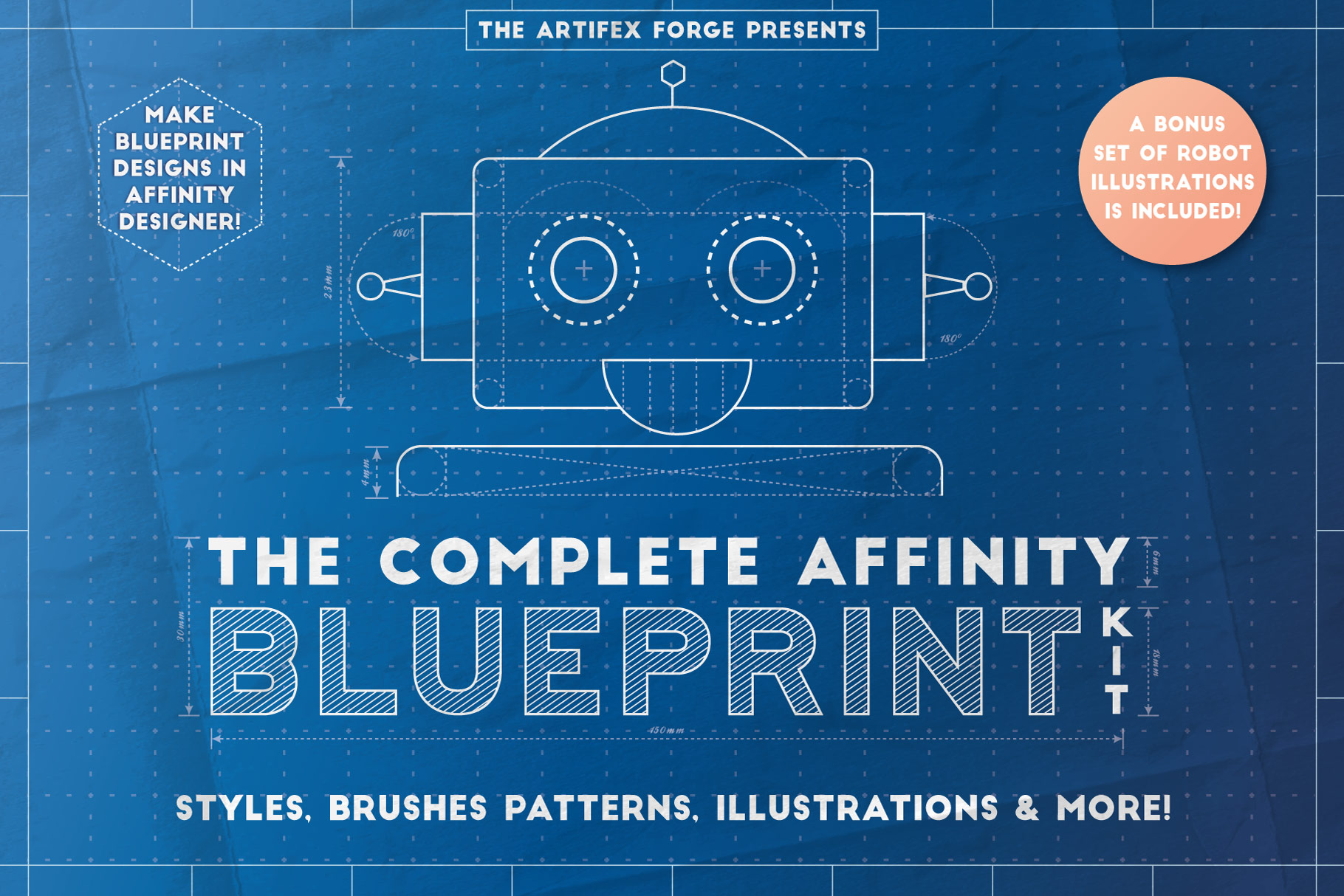 Blueprint design tool kit for Affinity designer featuring layer styles, text effects, arrow brushes, repeat patterns, folded paper textures and robot illustrations