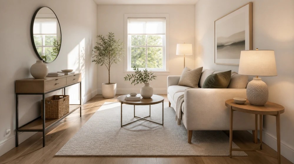 Small room made to look bigger with light walls, raised furniture, layered lighting and open floor space