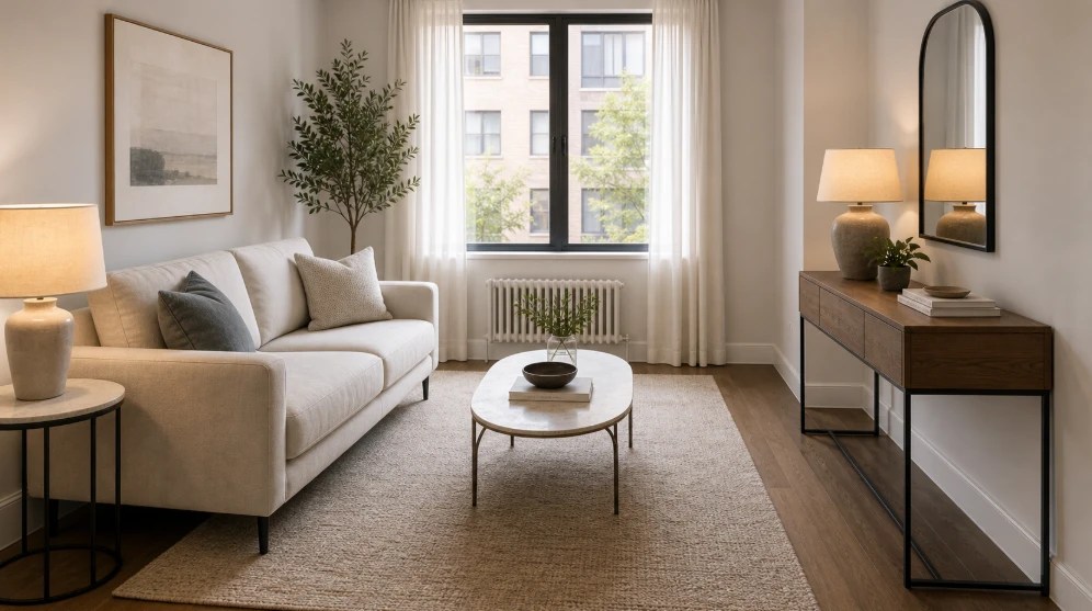 Small living room with properly scaled sofa, large rug, slim coffee table and visible floor space