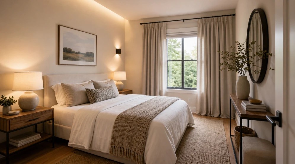 Small bedroom with layered lighting, warm bedside lamps, high curtains and soft neutral walls