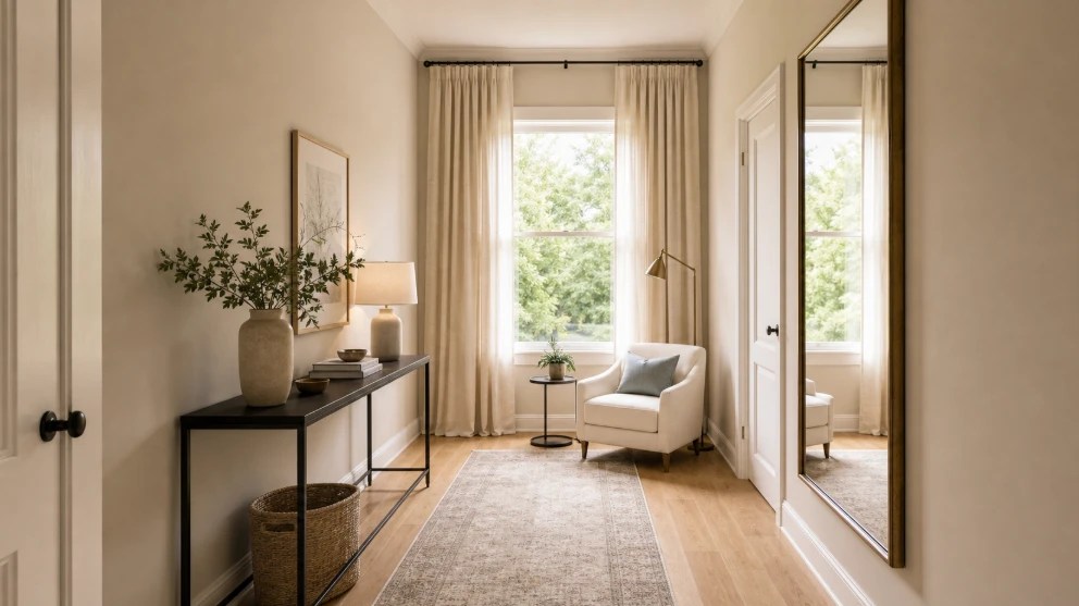 Narrow room with tall curtains, large mirror, pale wall colour and open walkway