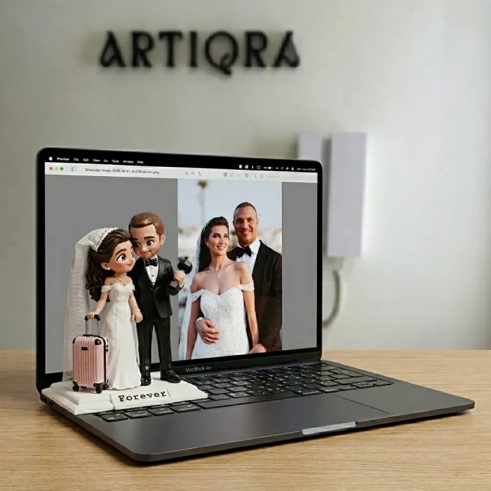Custom wedding chibi couple sculpture from photo by ARTIQRA UAE, personalized bride and groom miniature figurine for weddings and engagements