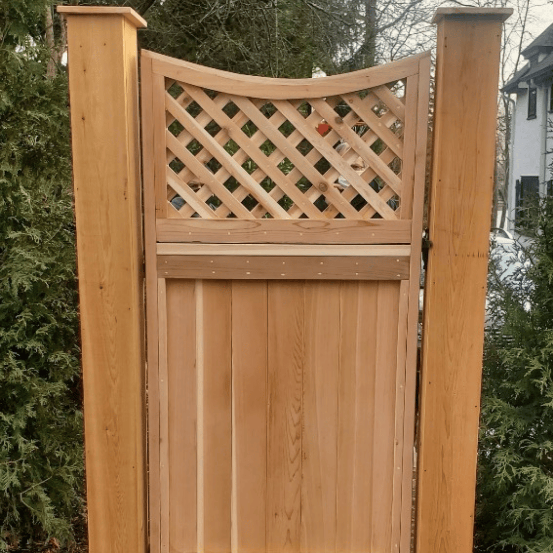 Scalloped wood gate with lattice topper, Artistic fence style #227. Custom wood gate in New Jersey
