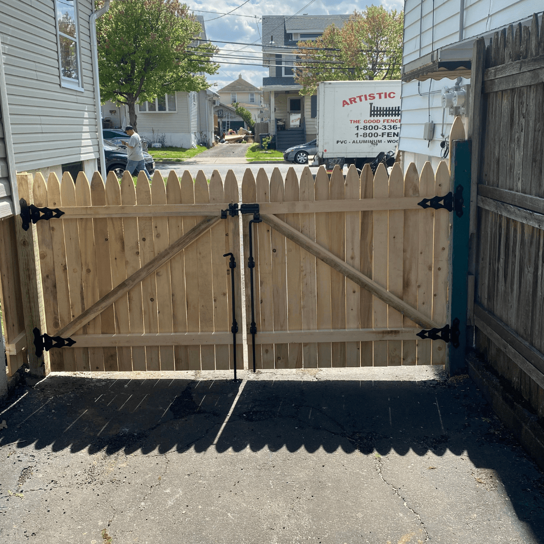 Back view of wood driveway double gates style #110 built and installed by Artistic Fence of northern New Jersey