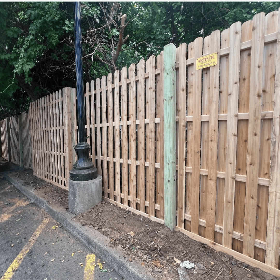 Installed cedar wood shadowbox fence Artistic Fence Style #120 installed by the Good Fence People of Northern New Jersey