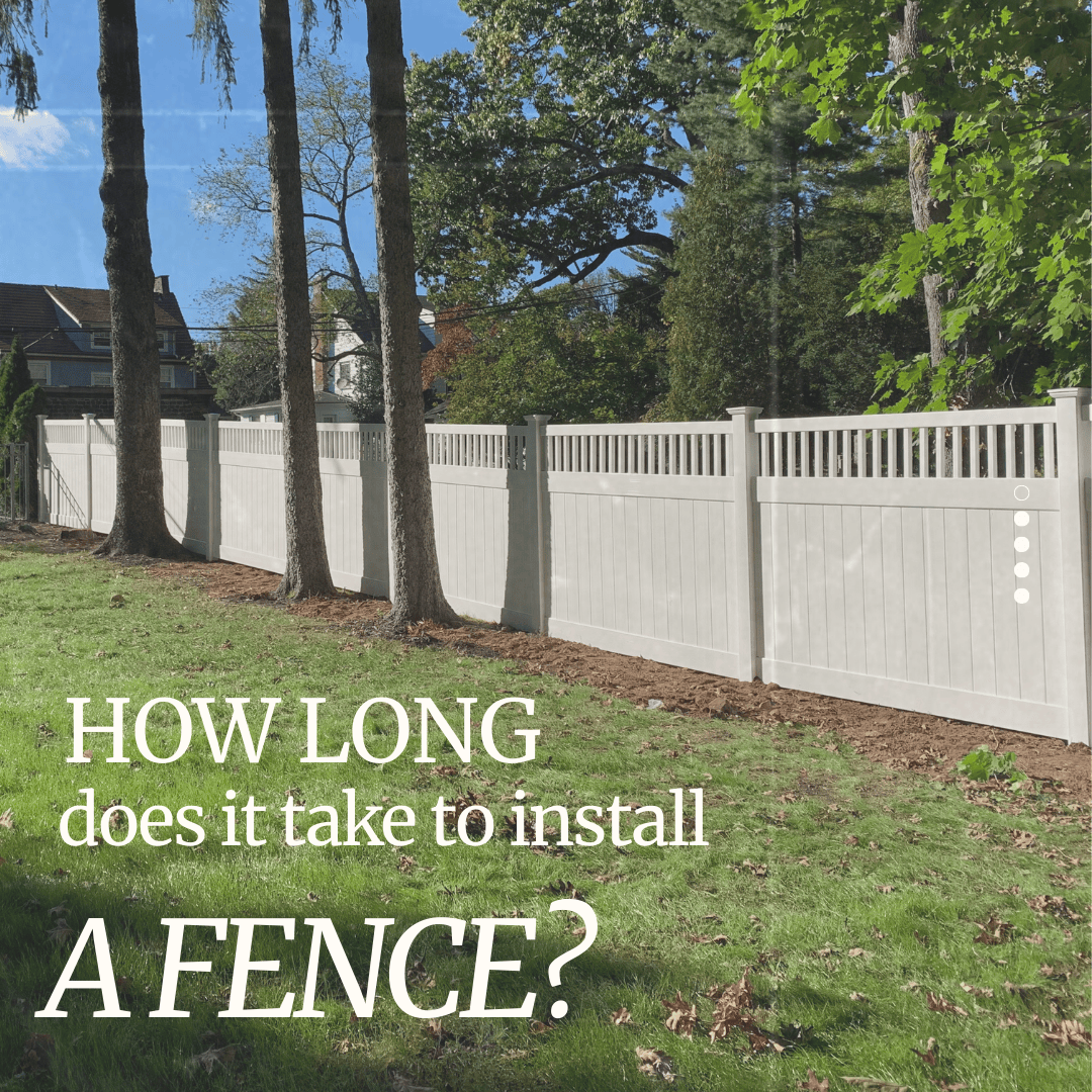 White pvc / vinyl privacy fence with closed top picket and the text "How long does it take to install a fence?"