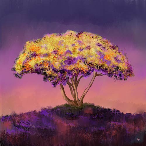Digital painting os a yellow tree set in front of a purple sky.