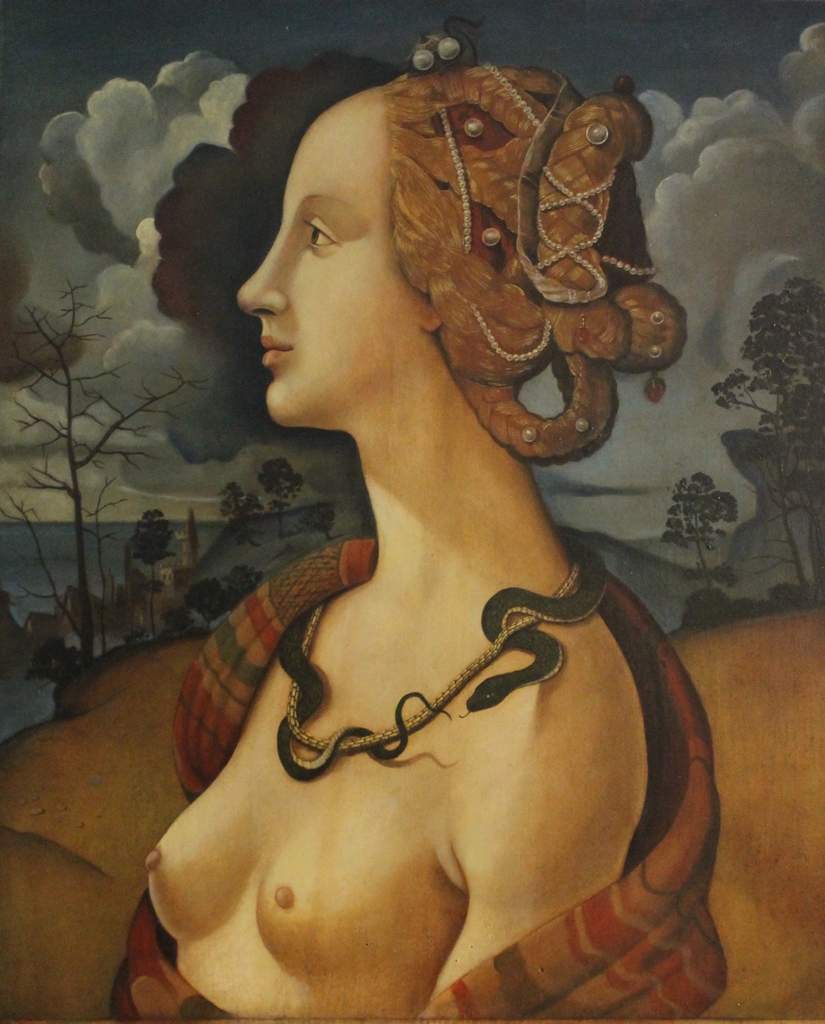 Simonetta Vespucci, Copy after Piero di Cosimo. (Replica by Miquel Herreo) Temple and oil on wood board. Size: 55 x 46 cm