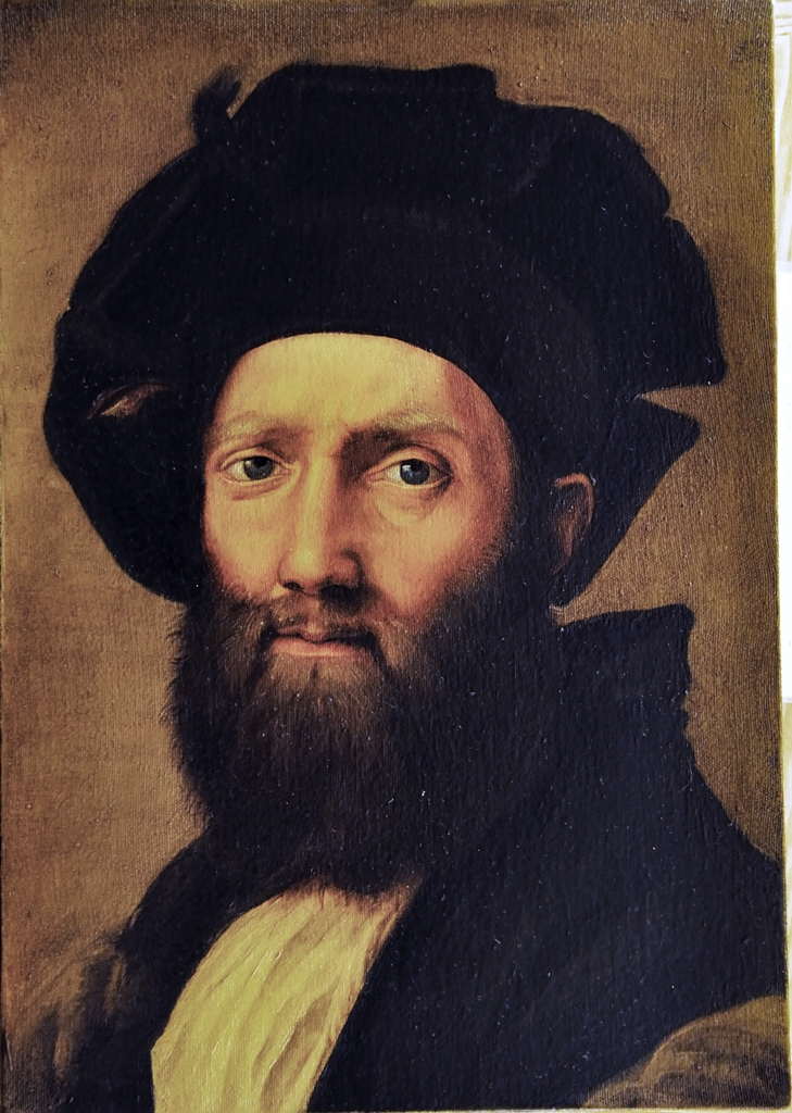 Baldasare Castiglione, Copy after Raphael Sanzio. (Replica by Miquel Herrero). Oil on canvas fixxed to a board. Size: 30 x 21 cm