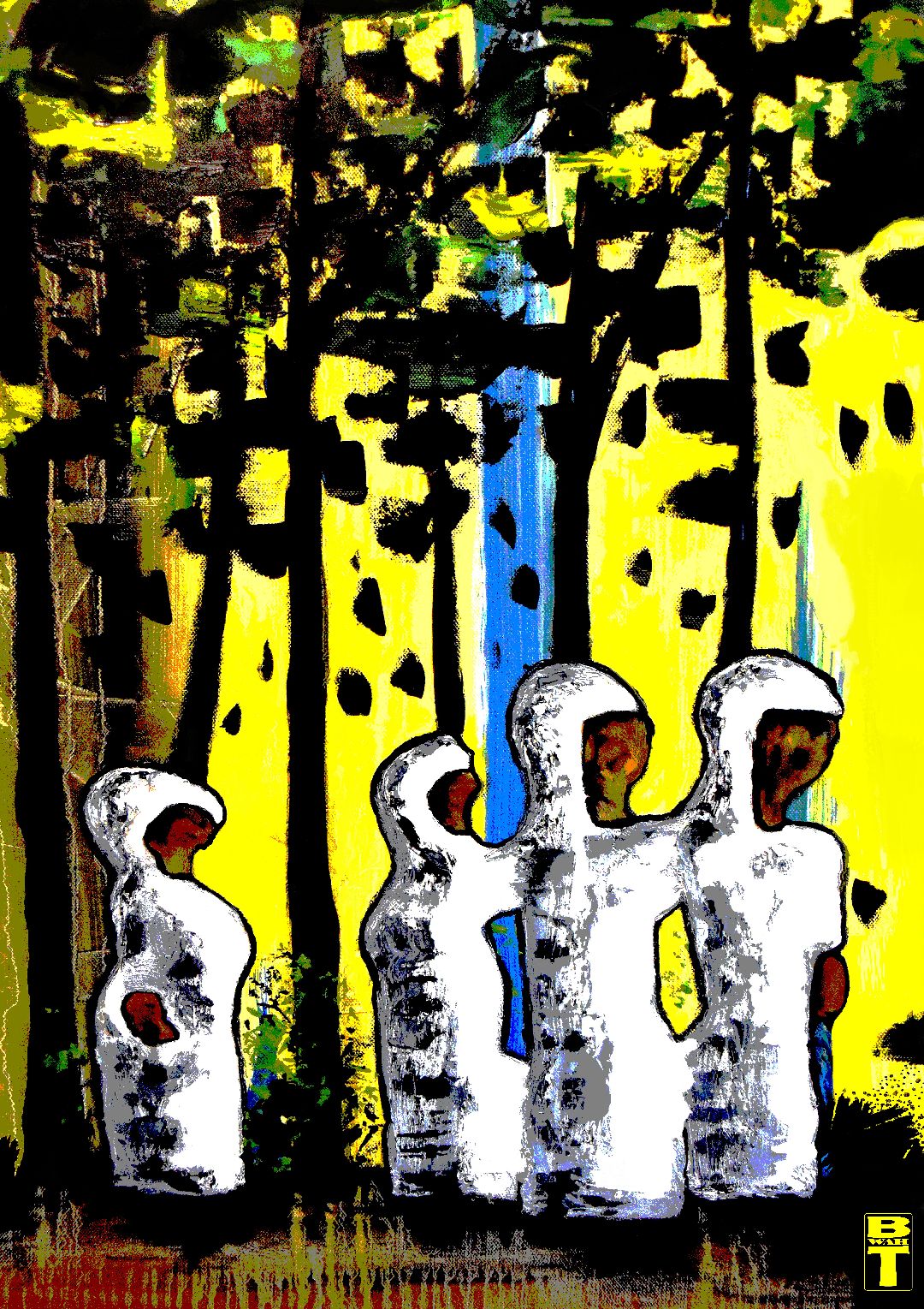 Four white-robed priestesses walk in procession through a glowing forest to commence a mysterious initiation ritual in Gregory Evans’s painting Druid Priestesses.