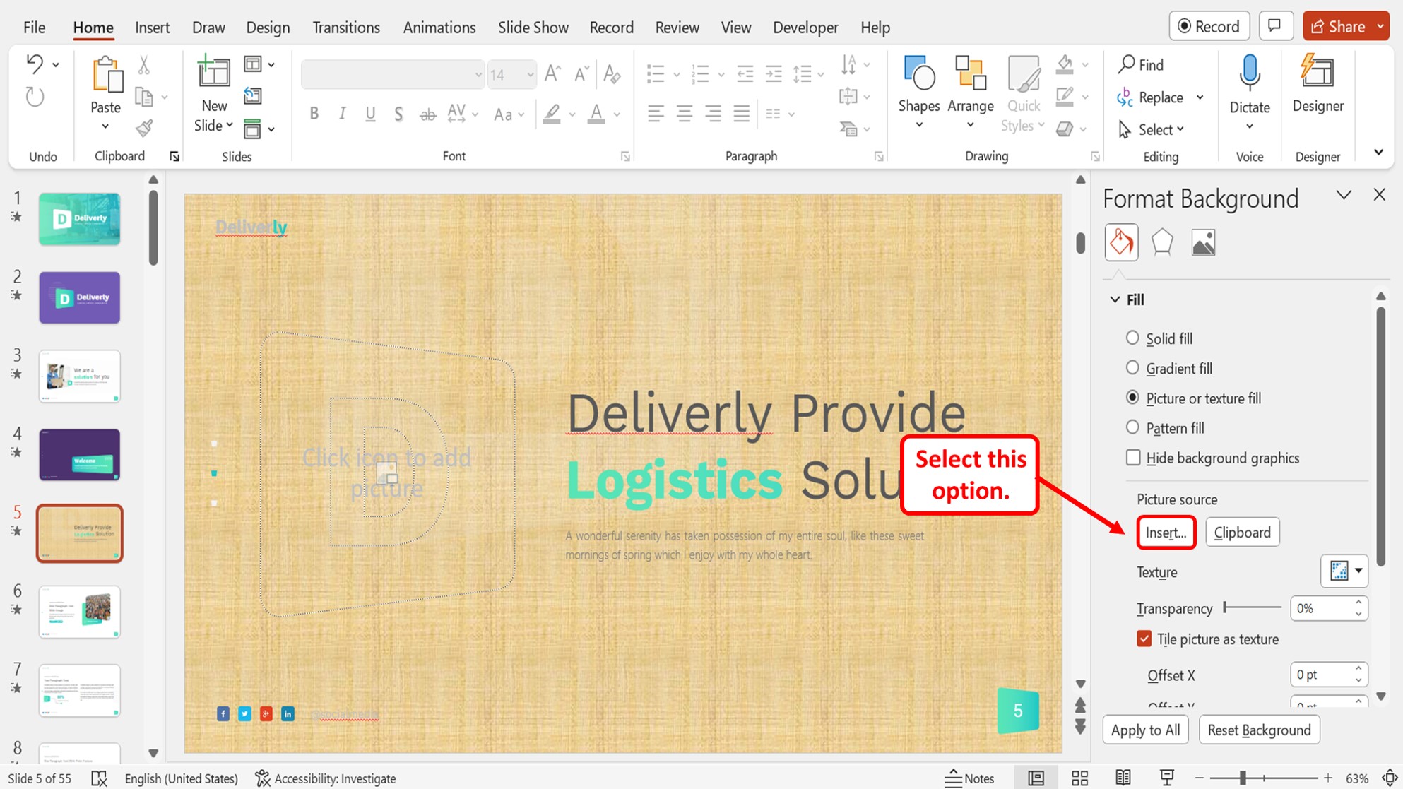 How to set a picture as a background on powerpoint 2016?