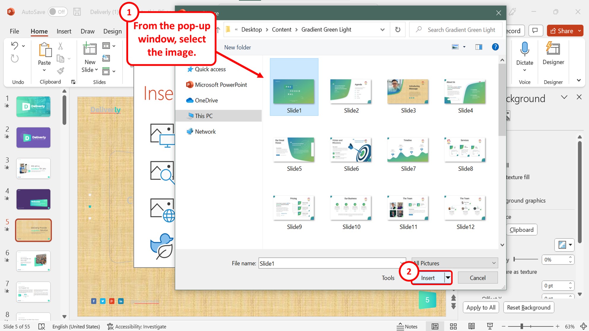 How to set a picture as a background on powerpoint 2016?