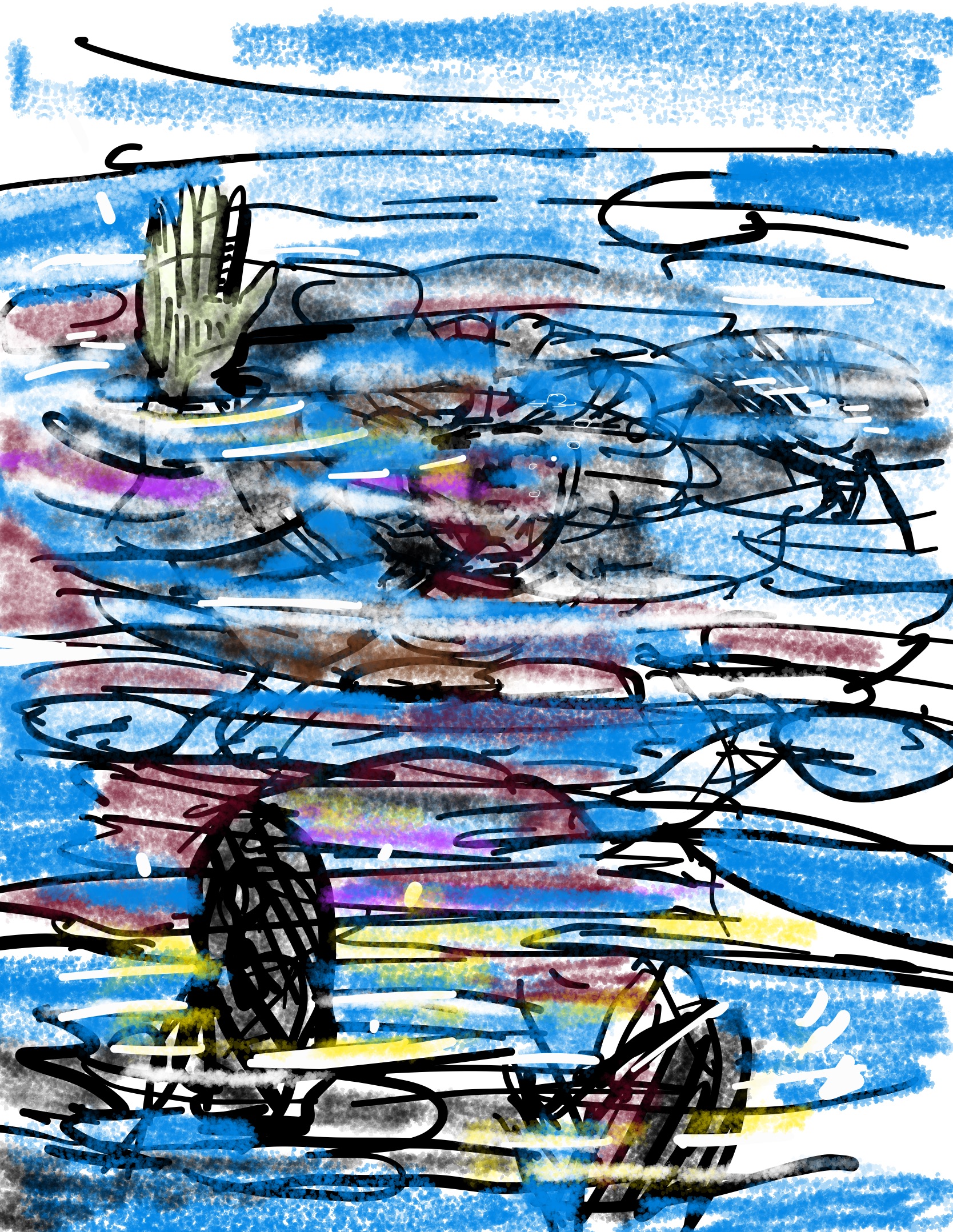 Water surrounds the person, they sink into the water, a shimmering yellow and blue light, reaching up their hand one last time towards the surface.