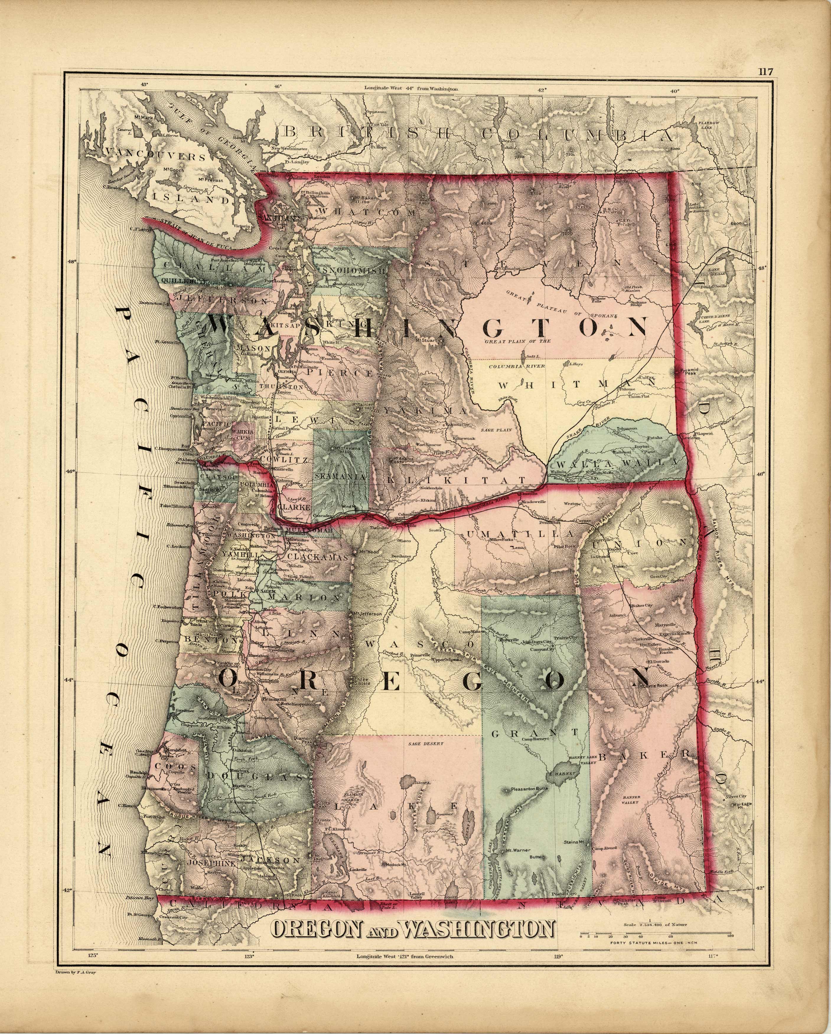 Printable Map Of Oregon And Washington GRAY 1878 WA OR 