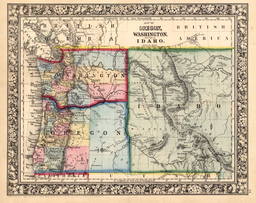 Map Of Oregon Washington And Idaho Art Source MIT1 1863 OR WA ID 