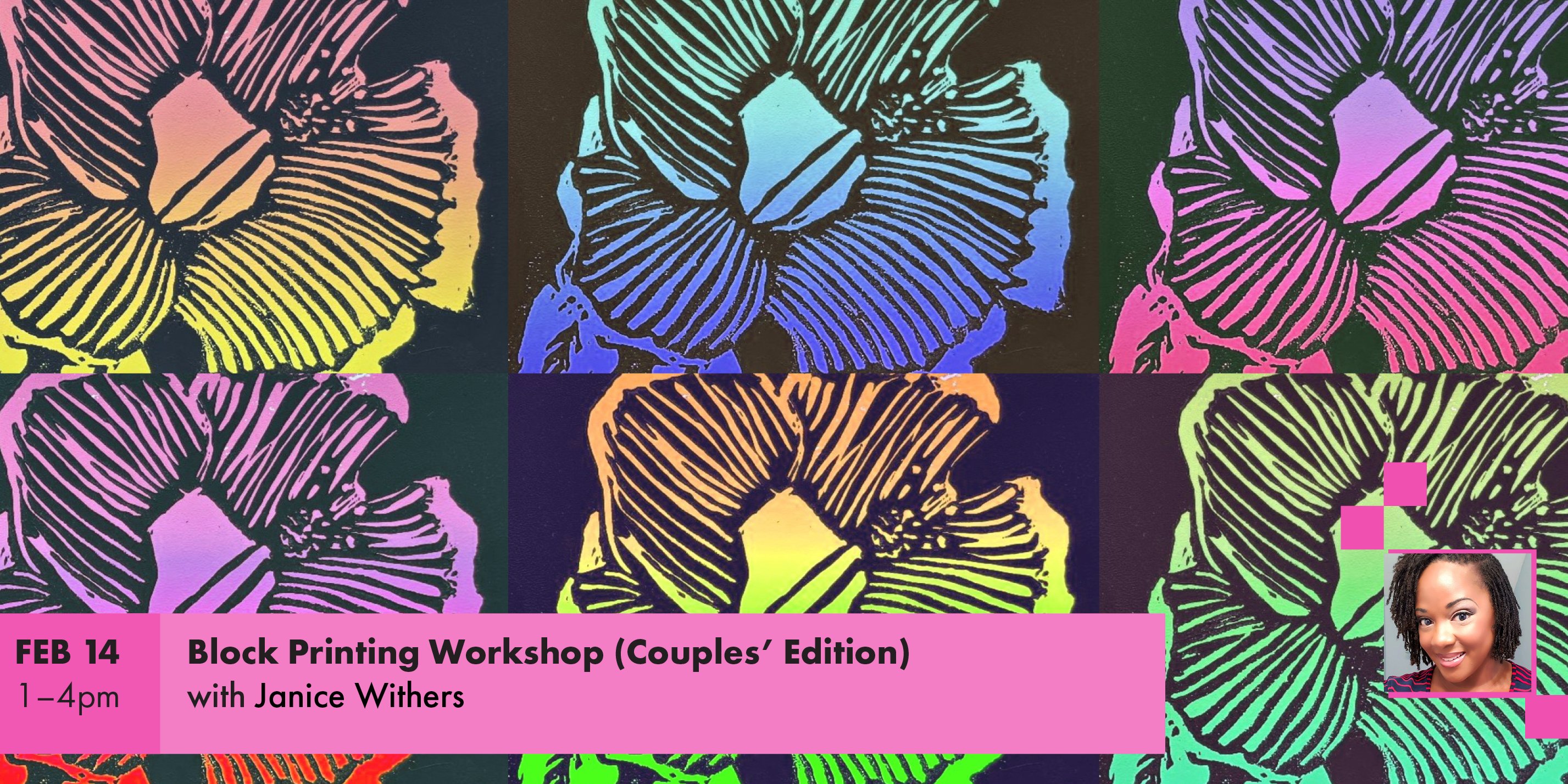 Photo of gradient rainbow and black linocut block prints of hibiscus flowers