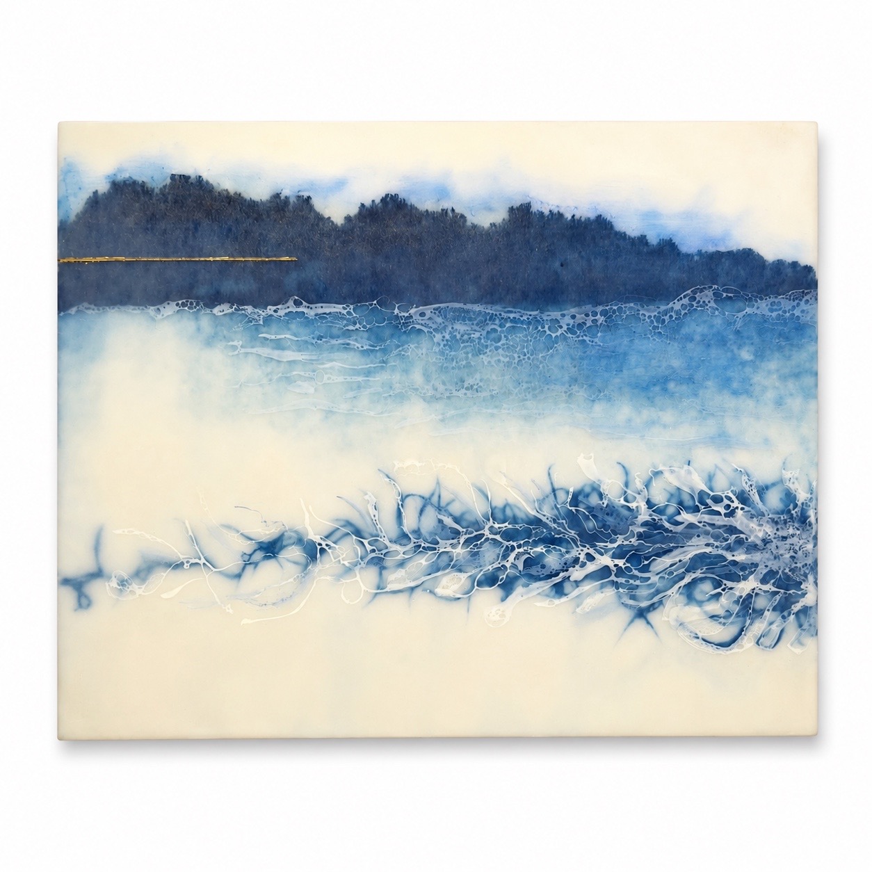 artwork depicting an abstracted ocean scene with mountains and marine life