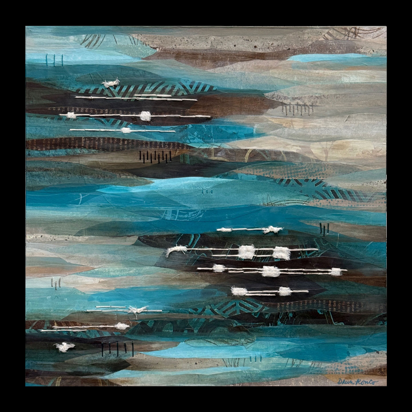 abstract collage of long strips of blue, brown, and white paper