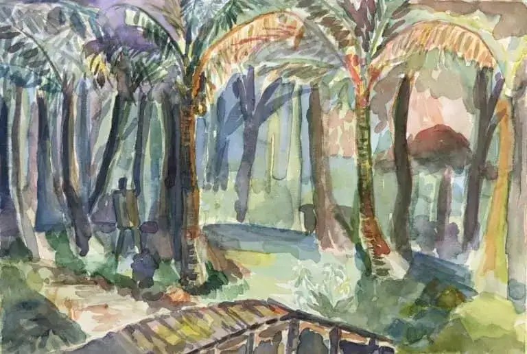 Baseline painting in color — tropical landscape with palm trees
