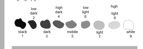 Diagram showing nine paint piles from black to white labeled 1 through 9