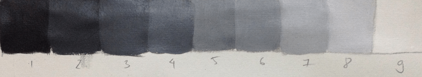Nine-step value scale with evenly spaced gray swatches