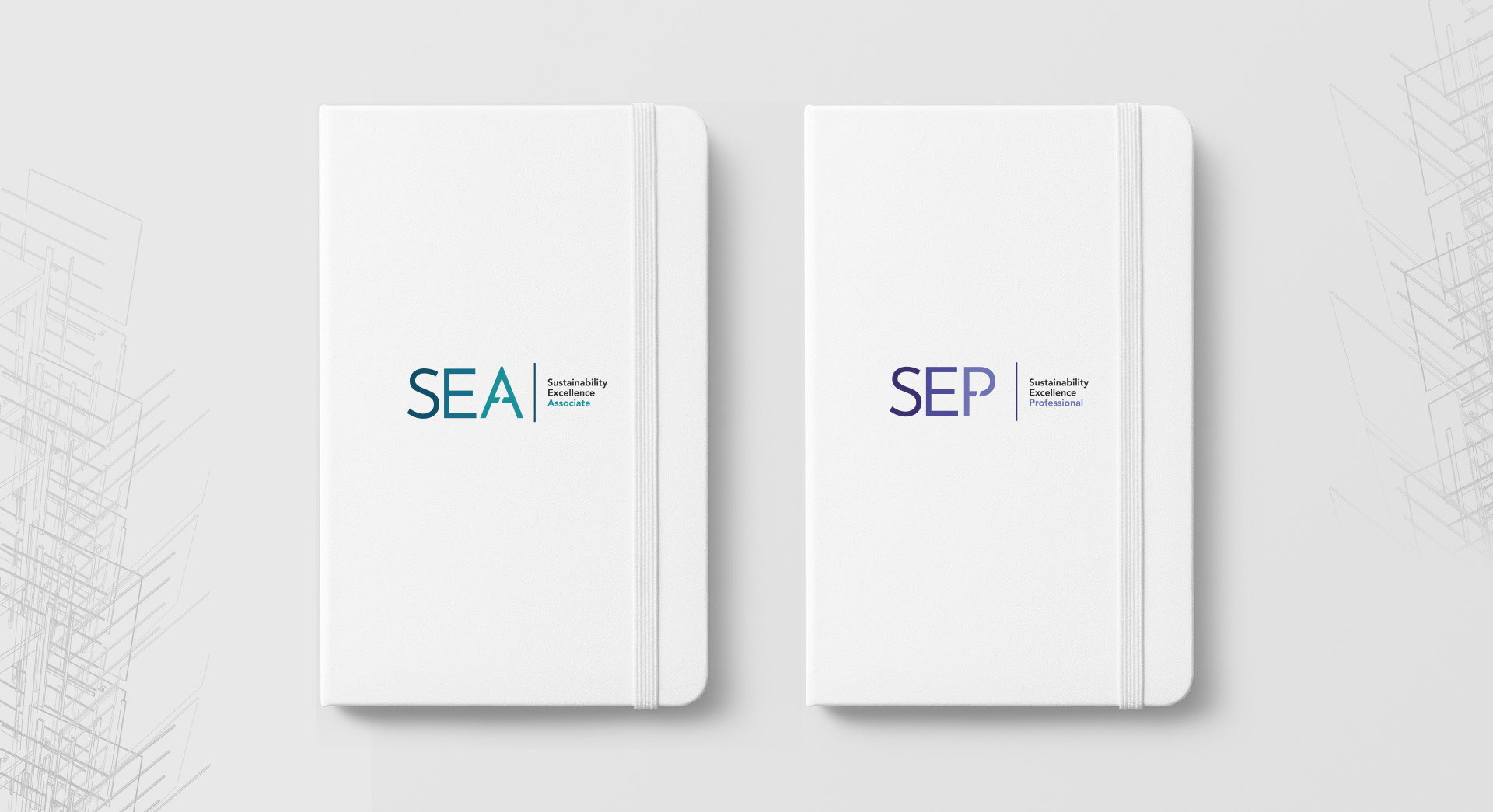 Logos on white notebook swag items.