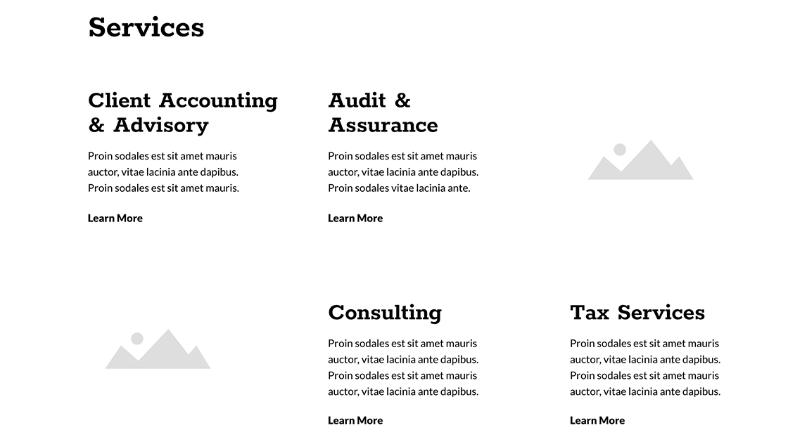 Wireframe of UI design with an SaaS industry "Services" page.