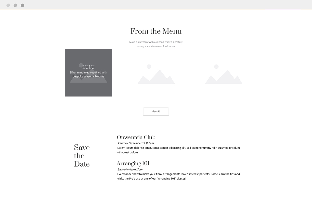 Wireframe from the menu section.