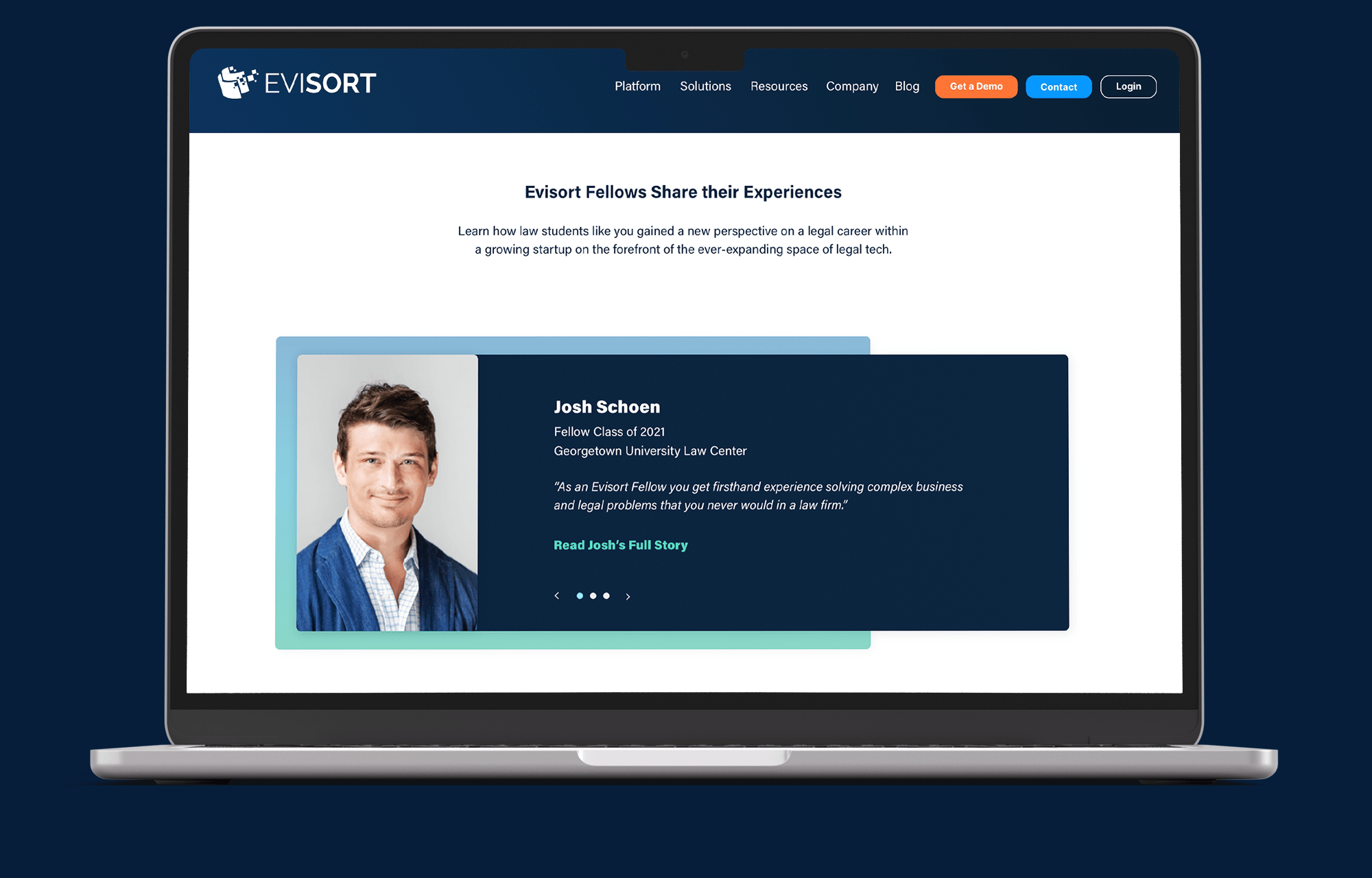 Client testimonial section shown laptop screen of a legal tech company.