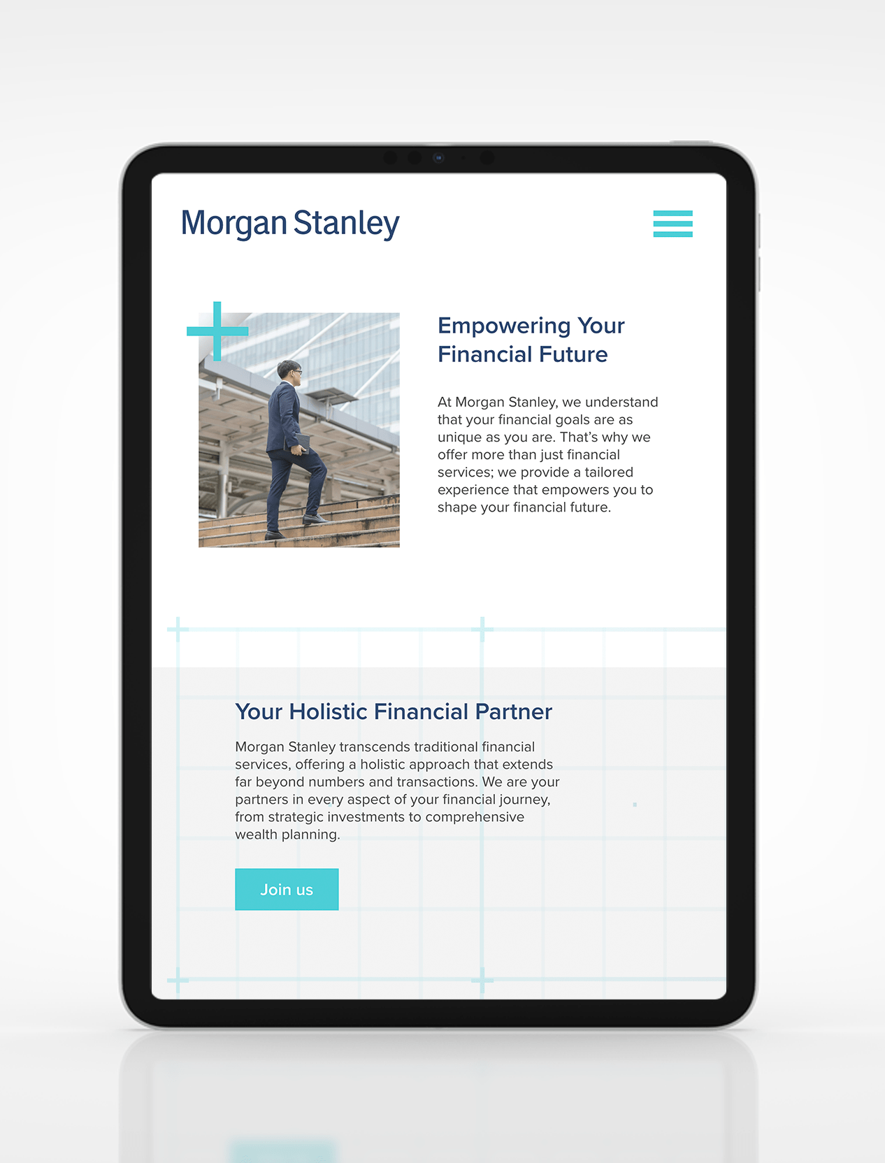 A vertical tablet screen showing a financial services website.