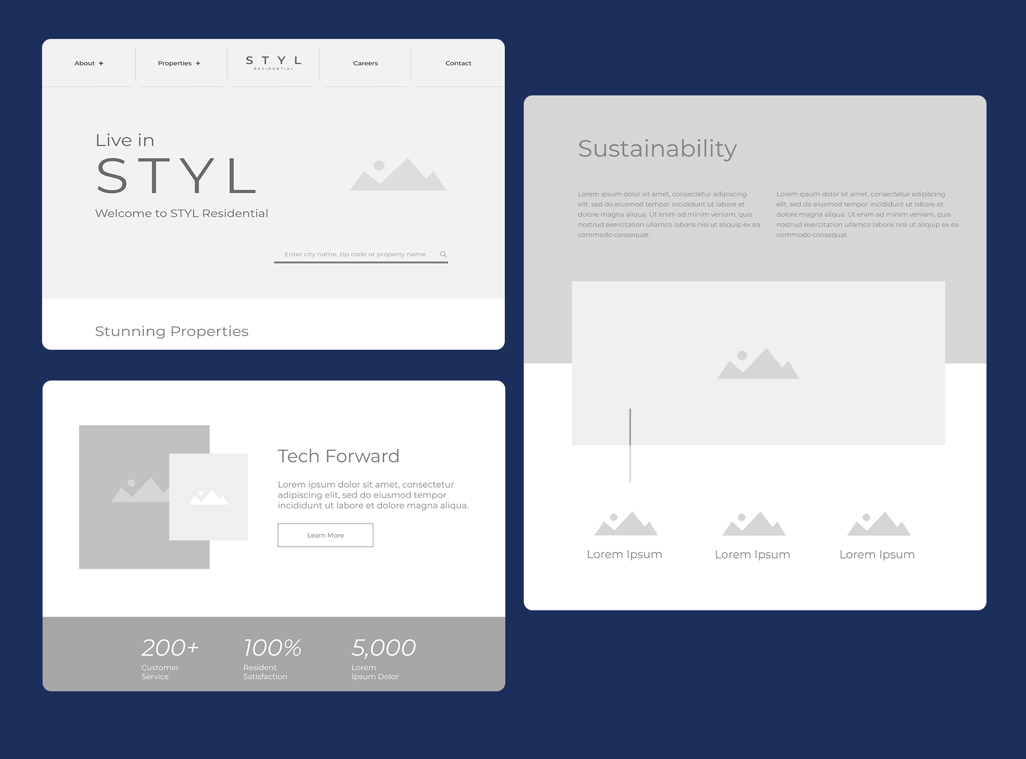 Web wireframes of a real estate company specializing in luxury residential properties.