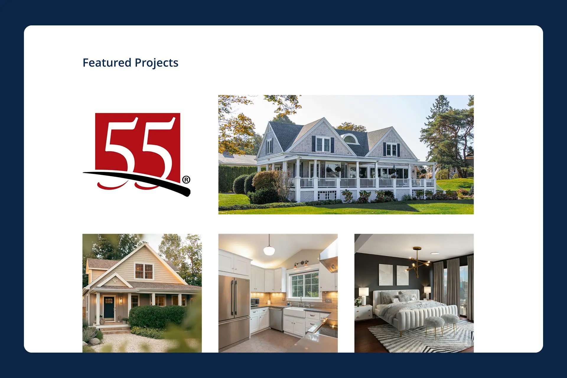 UI screen design for a home and build company showing featured projects.
