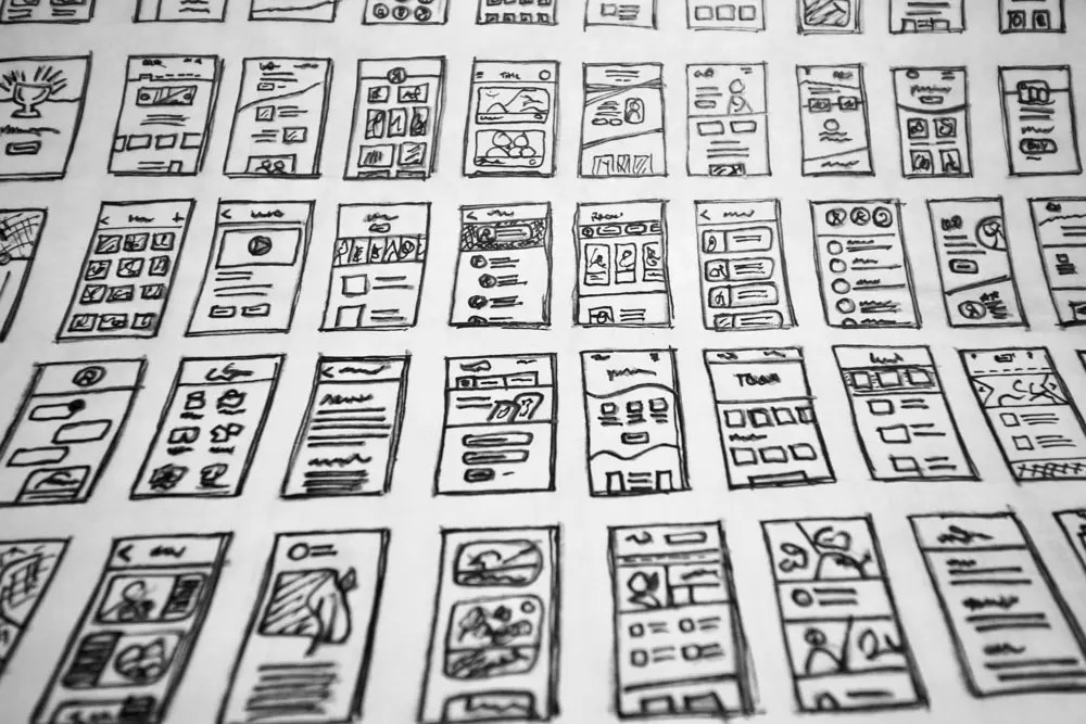 A close up of many sketched wireframes.