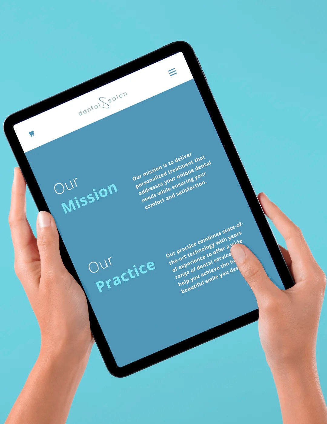 Mission and Vision webpage of a dental clinic office displayed on tablet.