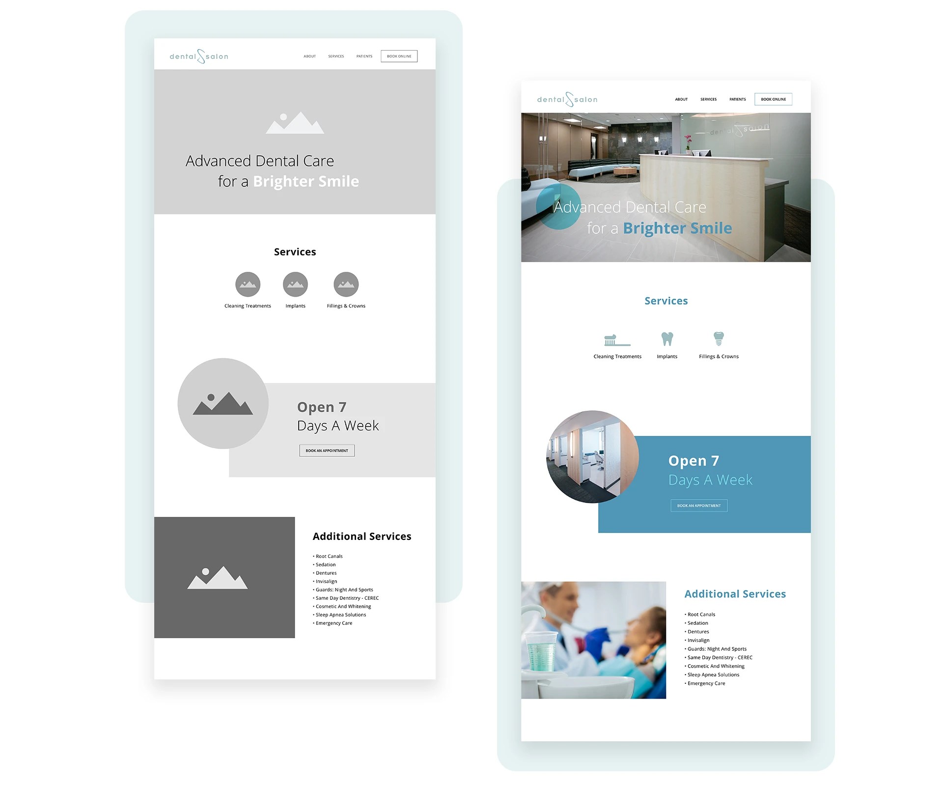UI wireframe and design of a dental clinic office.