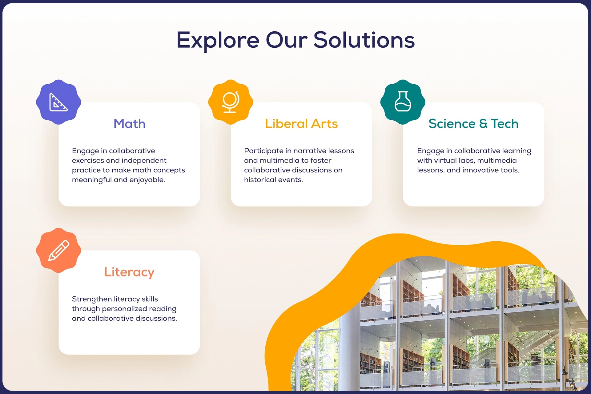 A UI showcasing school education subjects for an ai education website.