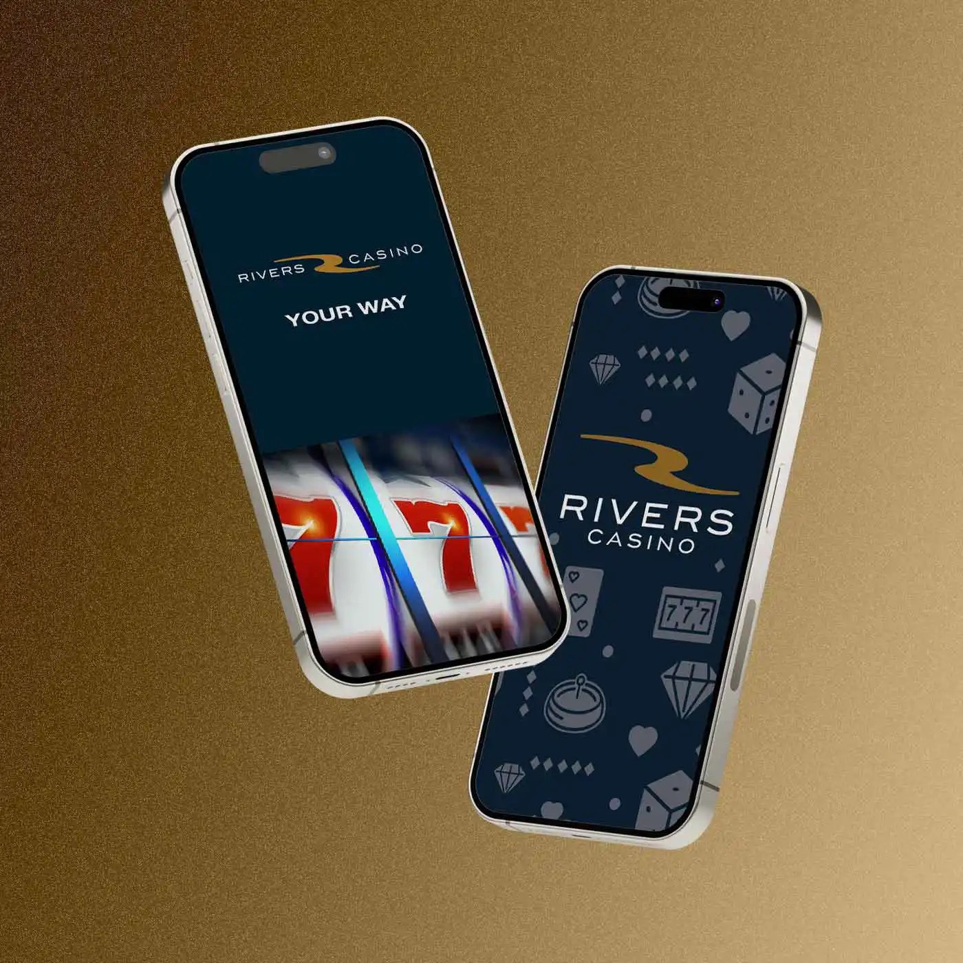 Two mobile devices floating displaying UI designs for a casino website.