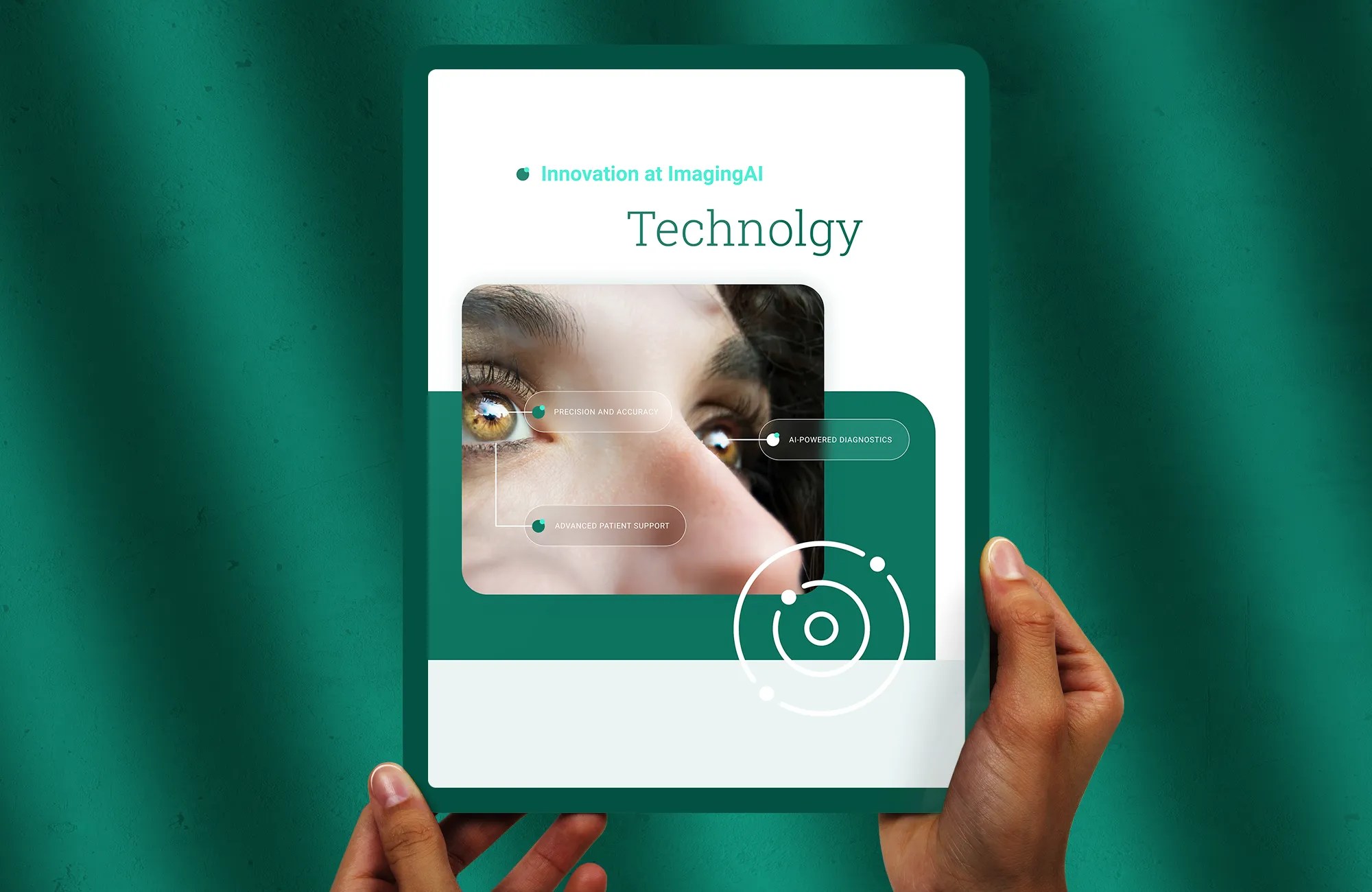 Tablet with UI screen and hands on green background.