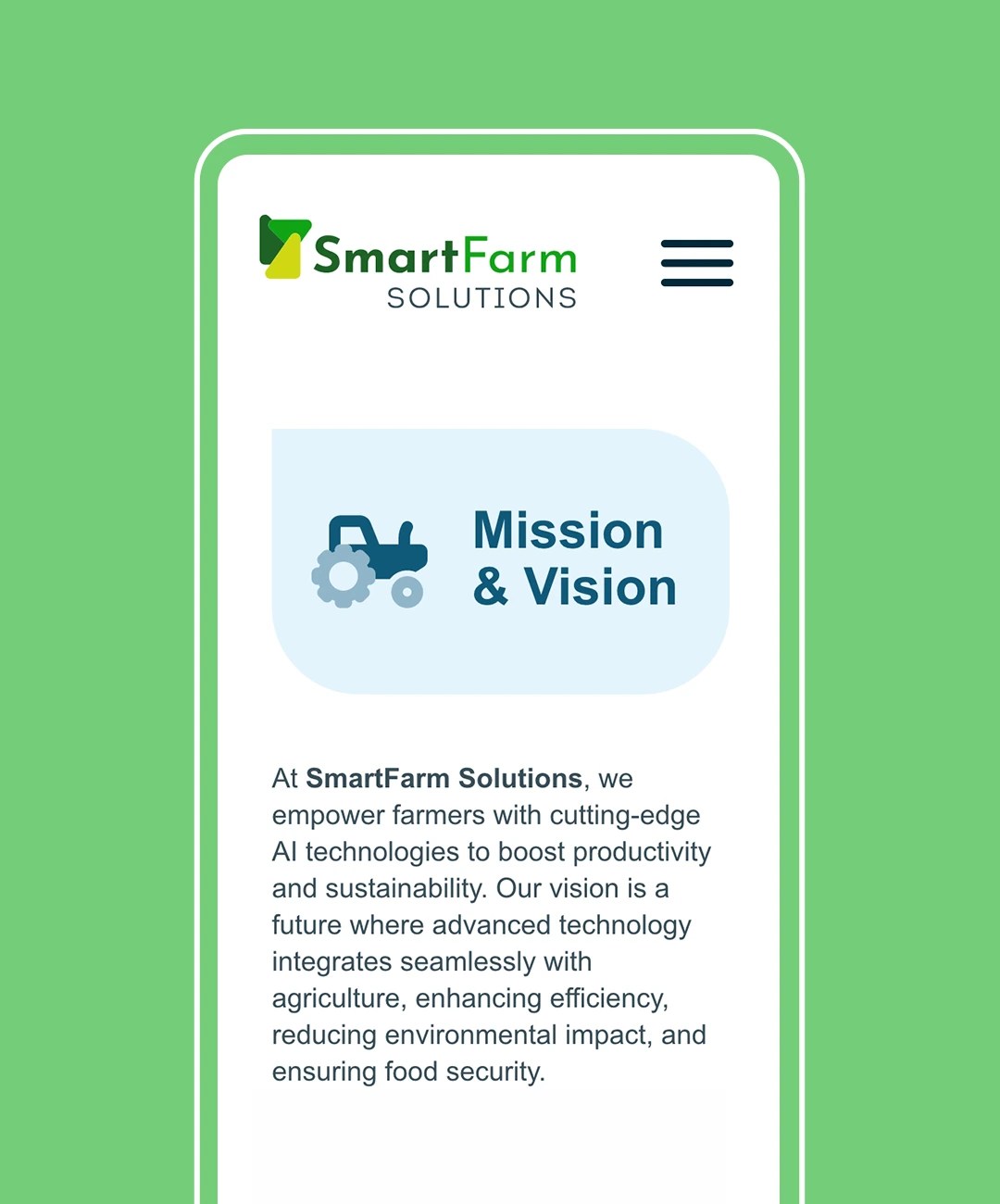 Flat mobile web design showcasing an agriculture ai company mission and vision page.