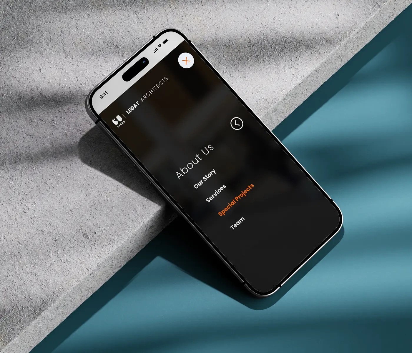 A mobile device displaying menu navigation of an architects website.