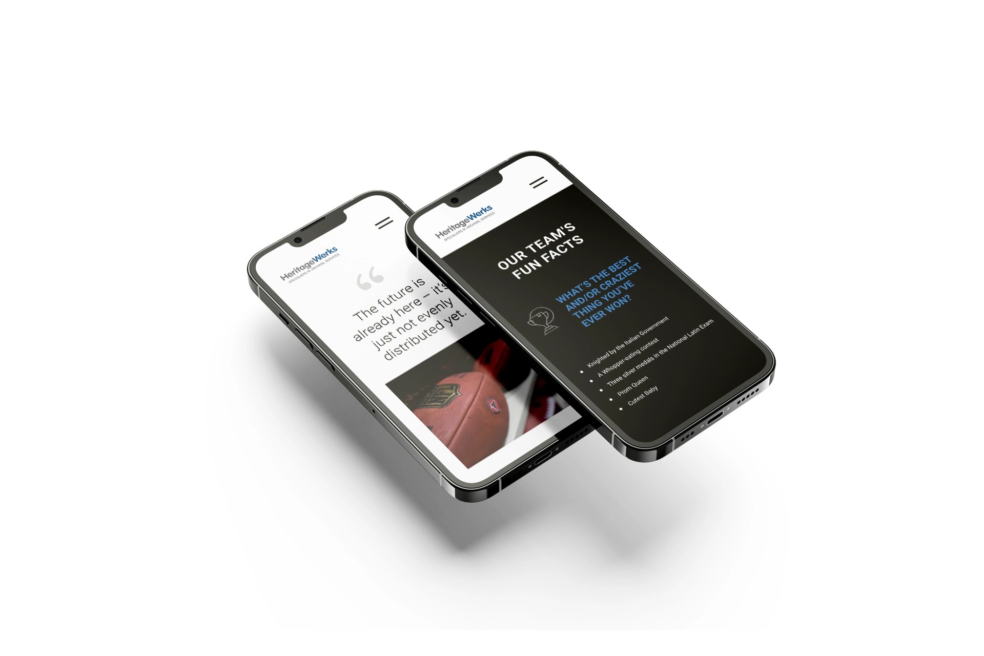 Two mobile devices showing web design on screens.