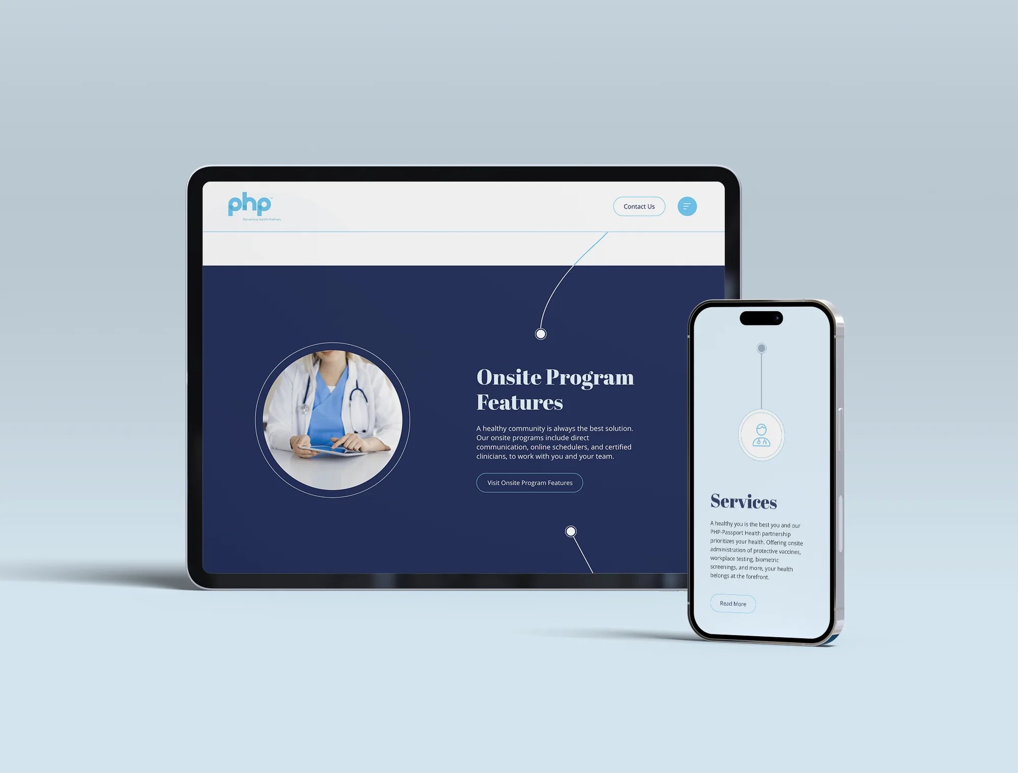 A tablet and mobile digital devices show a health clinic web page.