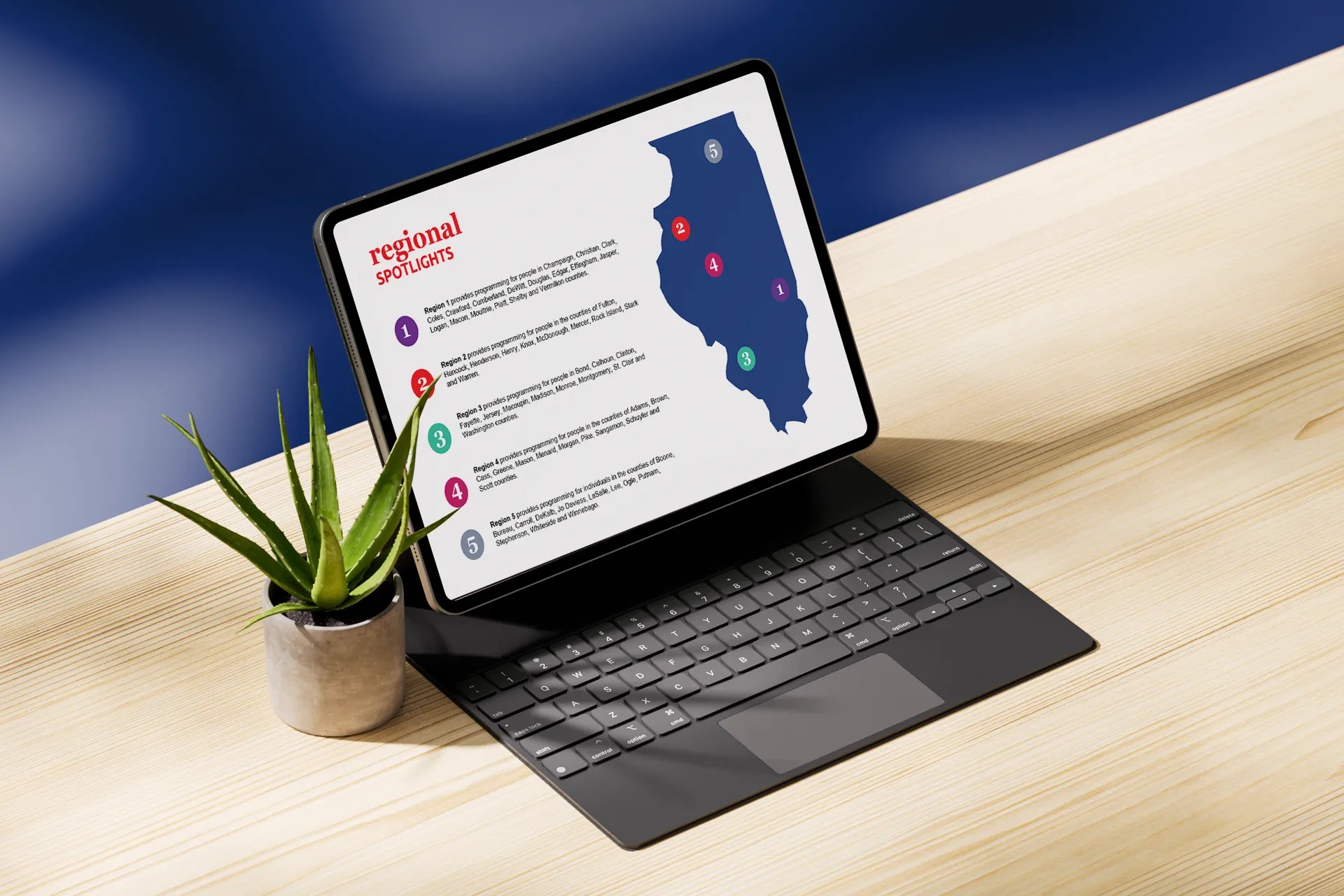 Regional highlights of Illinois map shown on an iPad tablet screen.