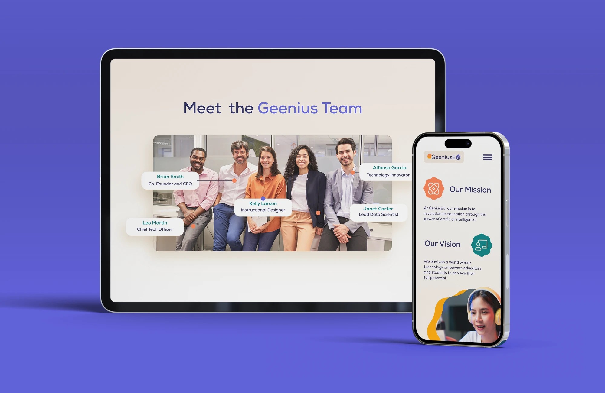 A tablet and mobile devices showing a website for an ai learning educational platform company.